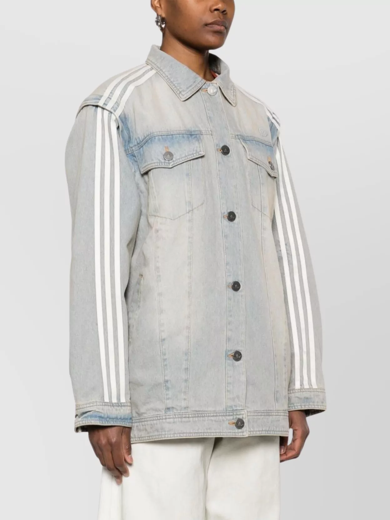 Shop Adidas Originals Denim Jacket Striped Sleeves In Metallic