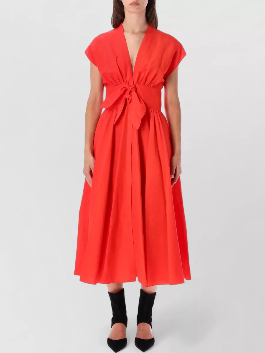 Alaïa linen blend v-neck cap-sleeve belted midi dress