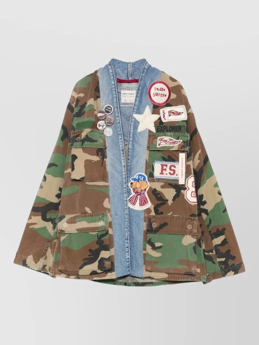 Front Street Cotton Printed Patch Embellished Single Breasted Coat