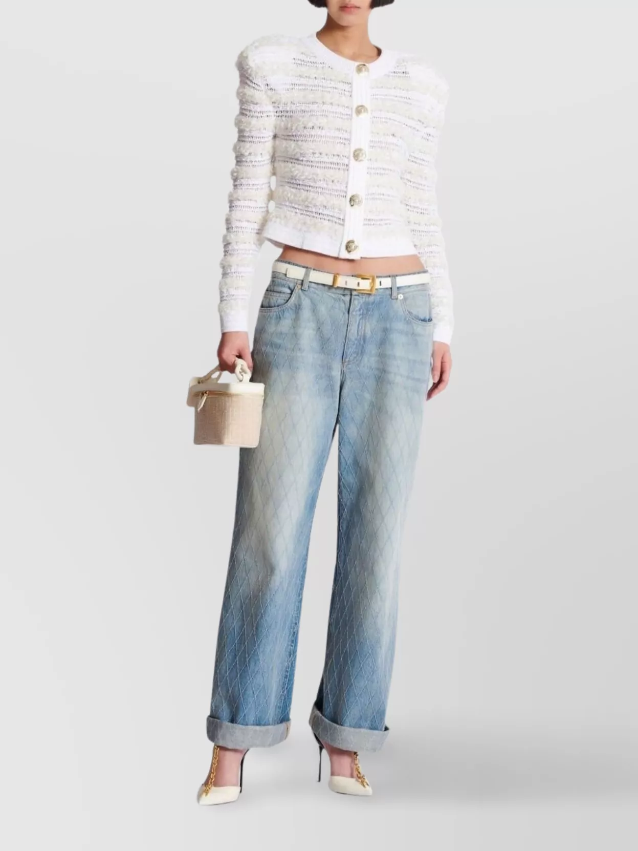 Balmain Tweed Knit Cardigan Featuring Shoulder Pads