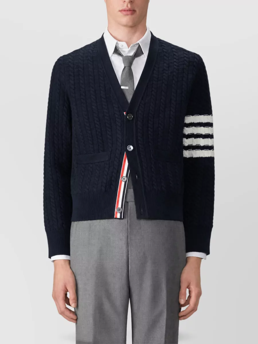 Thom Browne Wool Relaxed-Fit Cable-Knit V-Neck Cardigan