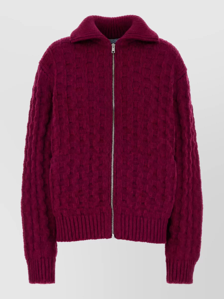 Prada virgin wool chunky cable knit funnel neck zip up cardigan