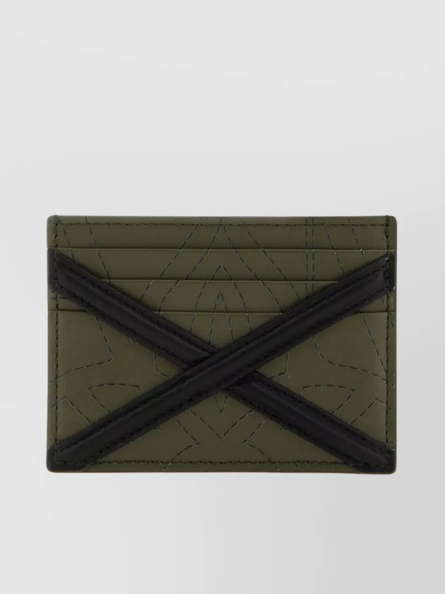 Shop Alexander Mcqueen The Harness Geometric Stitched Leather Card Holder In Khaki