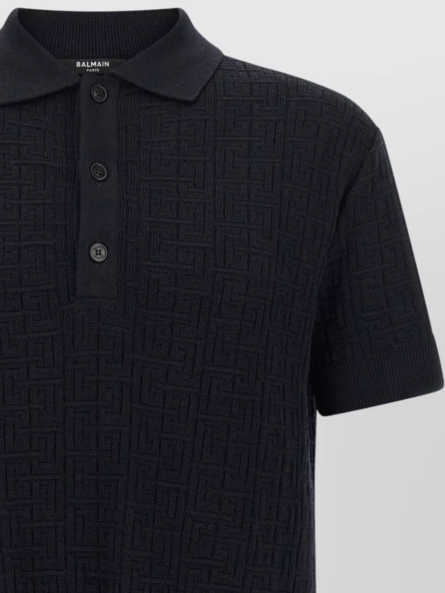 Balmain Monogram Knit Polo Shirt Ribbed Collar