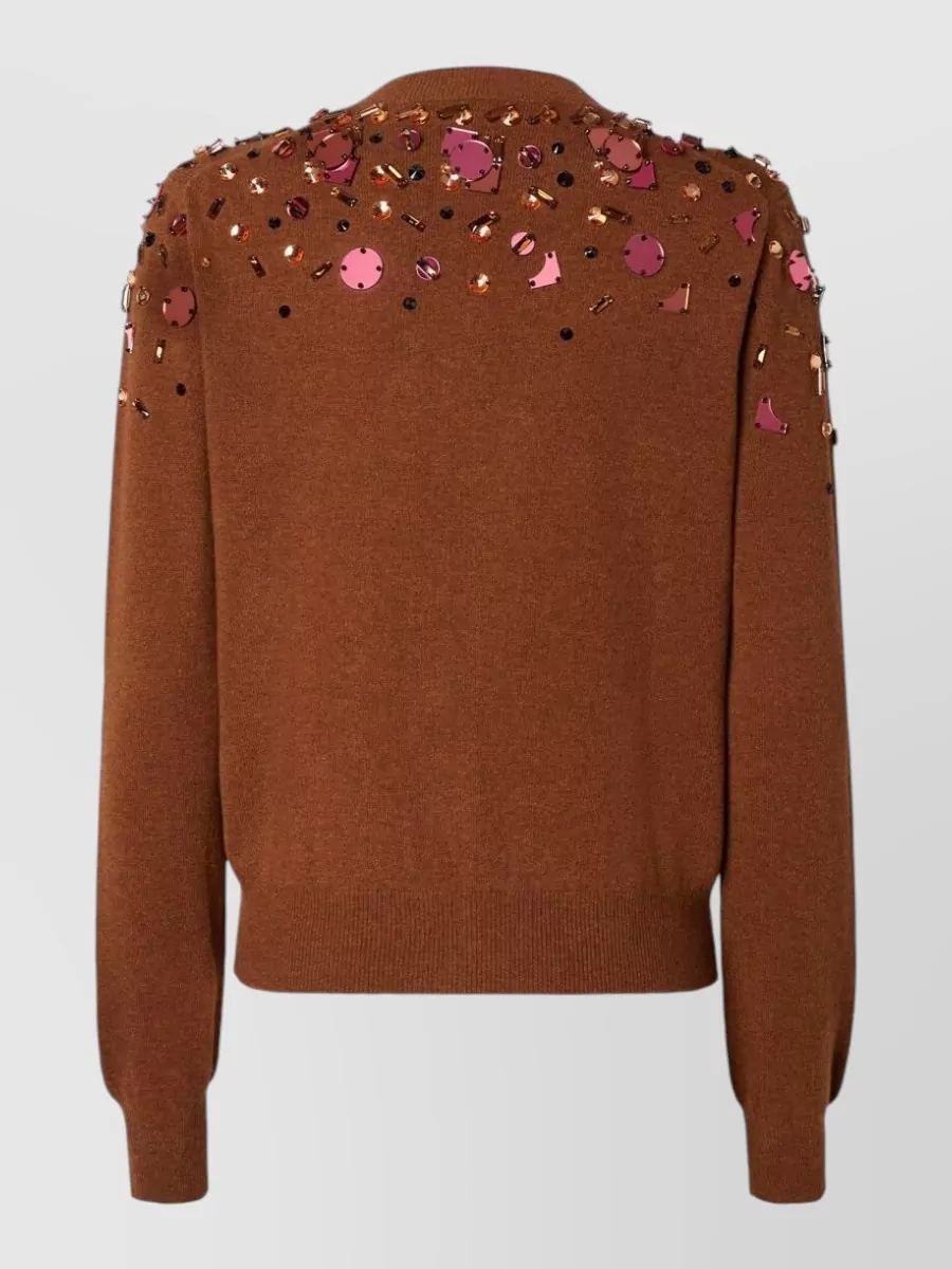 Fendi Cashmere Wool Rhinestone-Embellished Ribbed Crewneck Cardigan