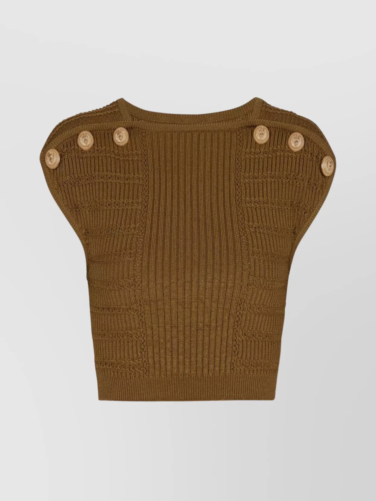 Shop Balmain Ribbed Cap Sleeve Knit Top In Brown