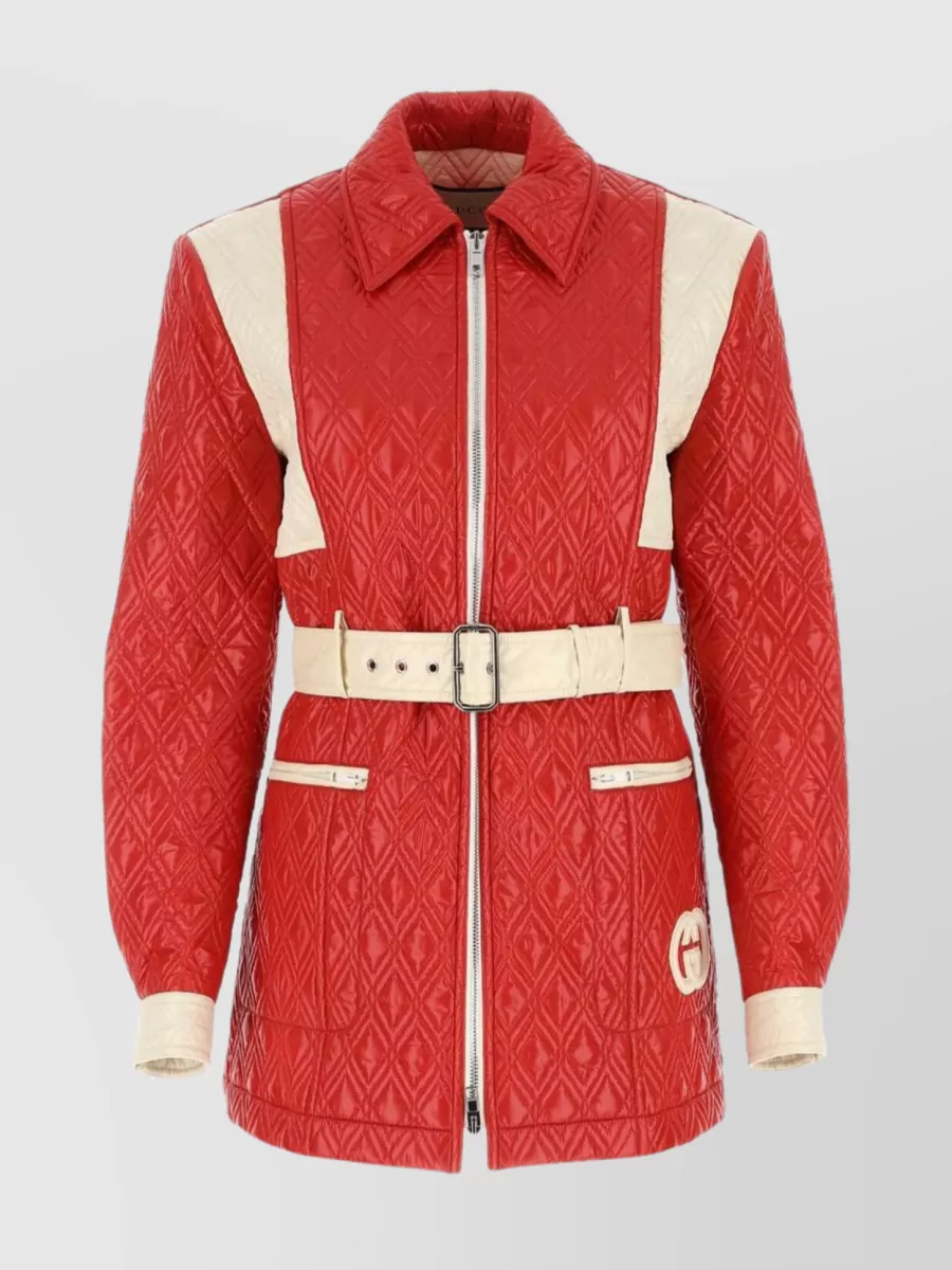 Shop Gucci Polyester Jacket With Waist Belt And Quilted Design In Red