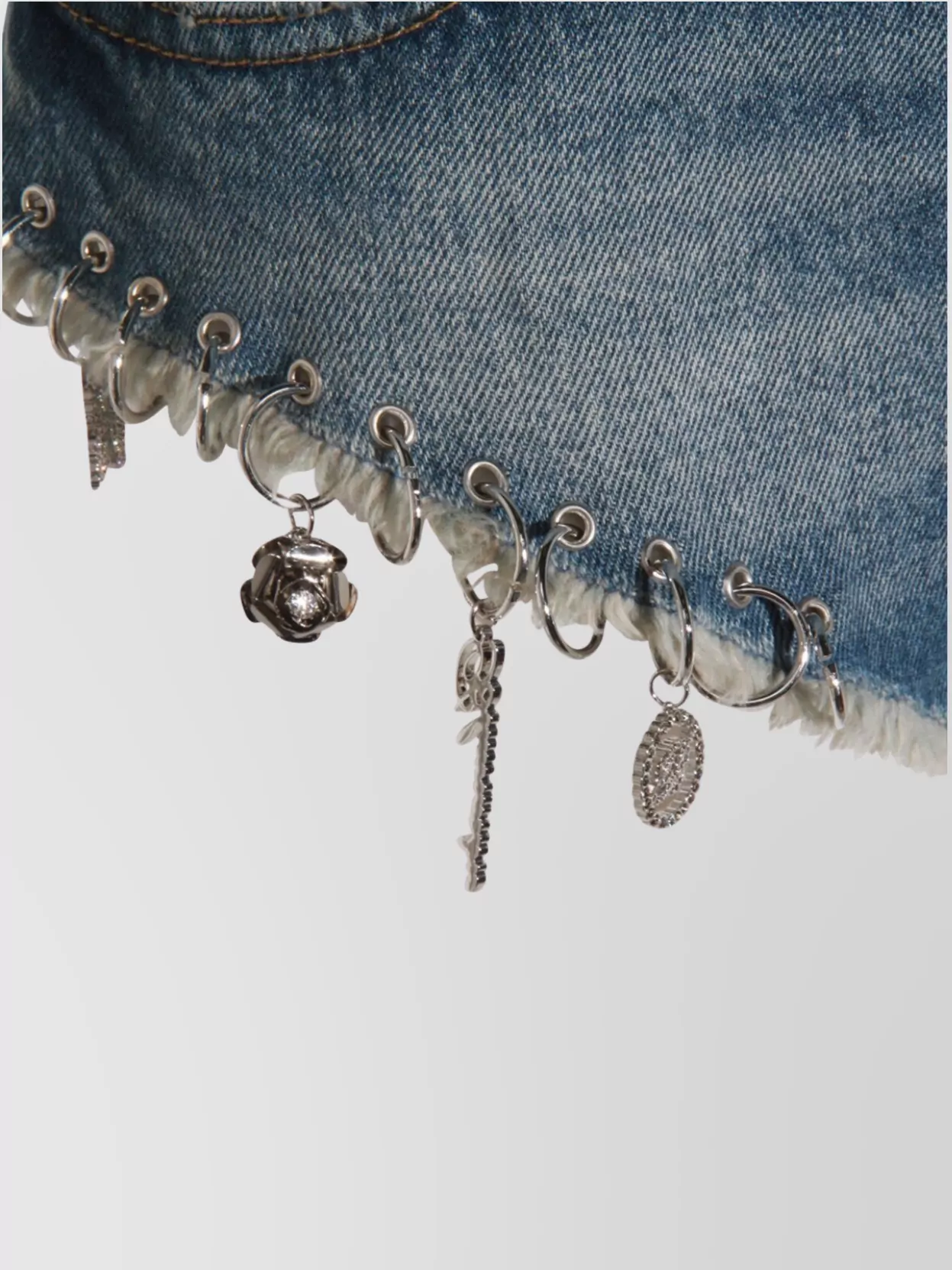 Blumarine Denim Shorts With Frayed Hem And Embellishments In Blue
