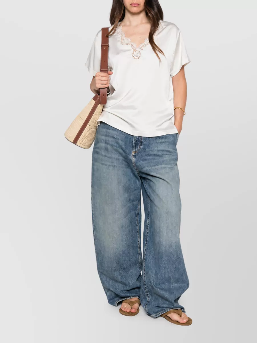 Ermanno Firenze Lace Trim V-Neck Short-Sleeve Top