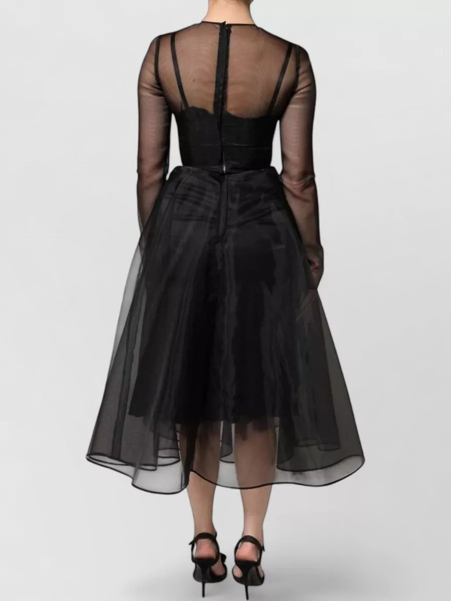 Dolce&Gabbana Tulle Long-Sleeve Round-Neck A-Line Midi Dress
