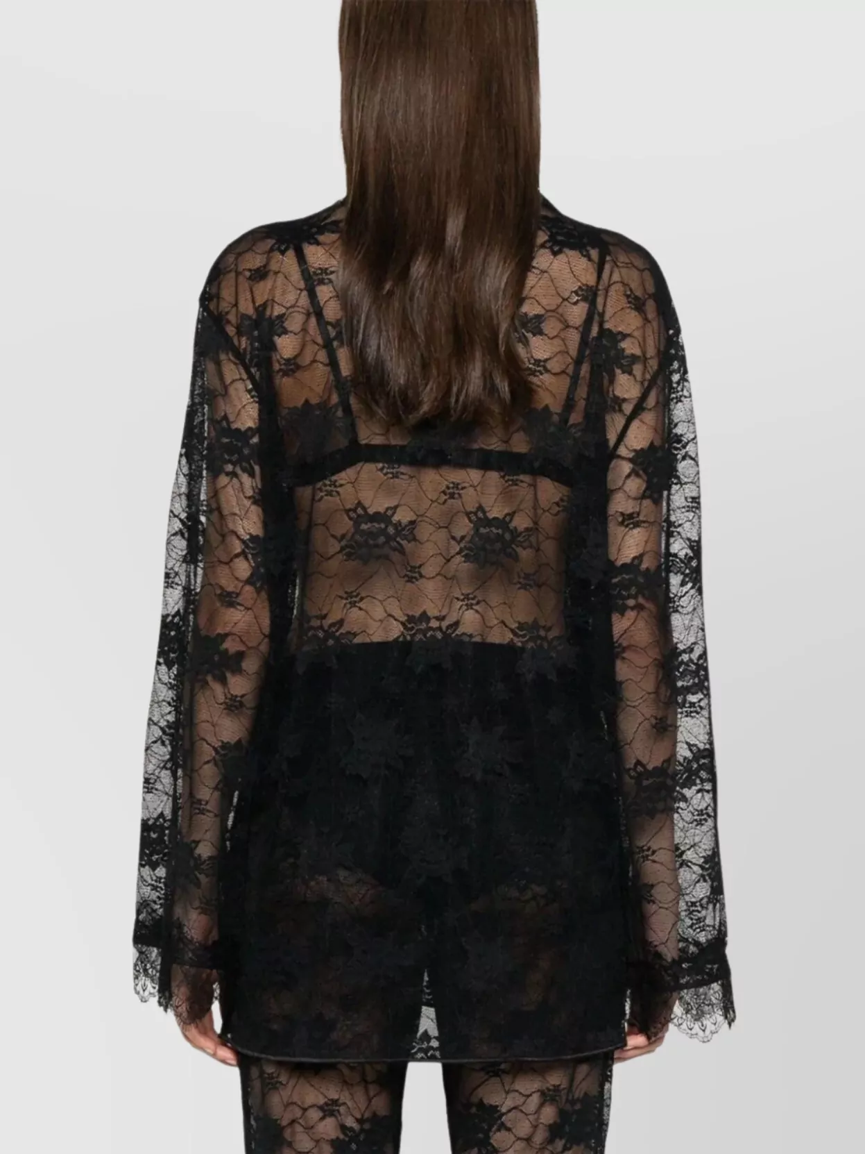 Oseree Floral Lace Buttoned Collar Sheer Shirt