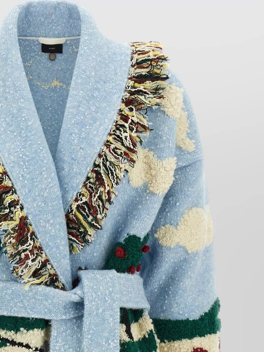 Alanui Wool Jacquard Belted Fringed Cardigan