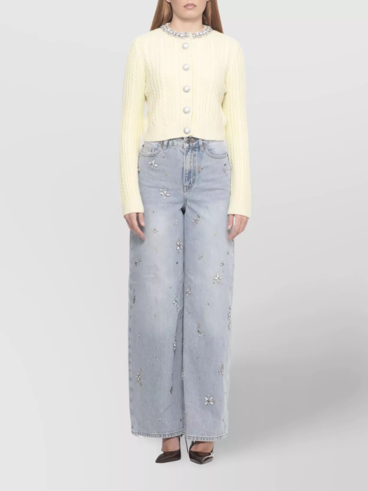 Self-portrait Cropped Cable Knit Cardigan With Pearl Buttons In Nude