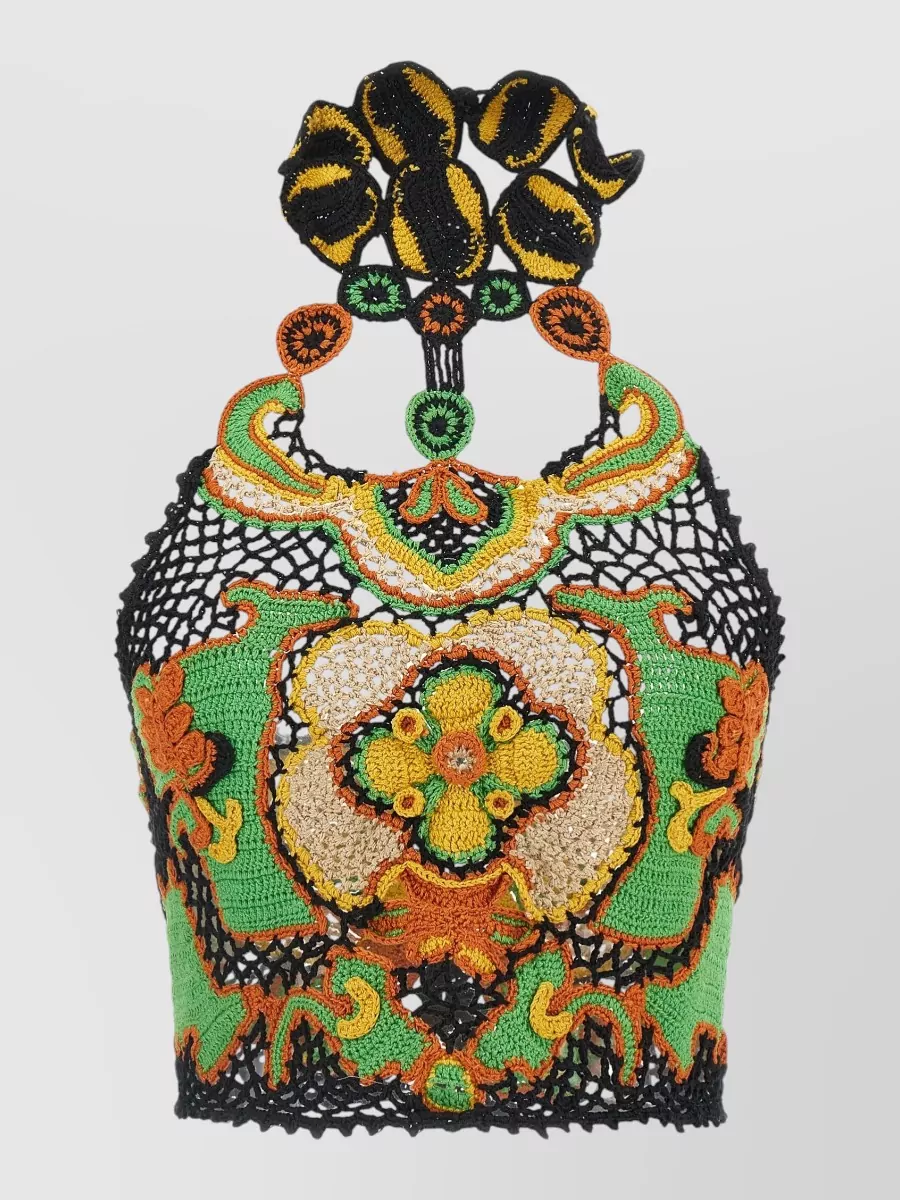 Etro Cotton crochet floral halterneck cropped top