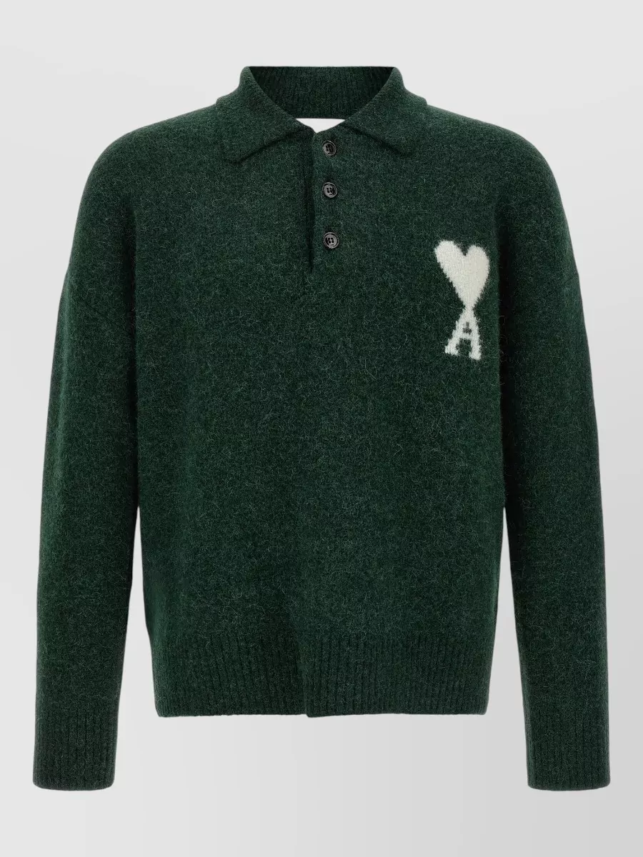 Ami Paris alpaca wool ribbed long-sleeve polo sweater