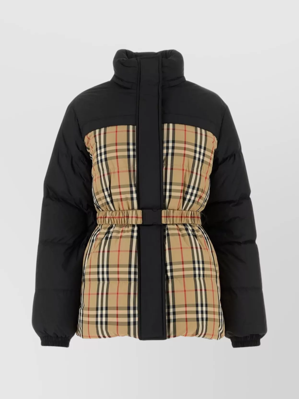 Shop Burberry Reversible Belted Check Down Jacket