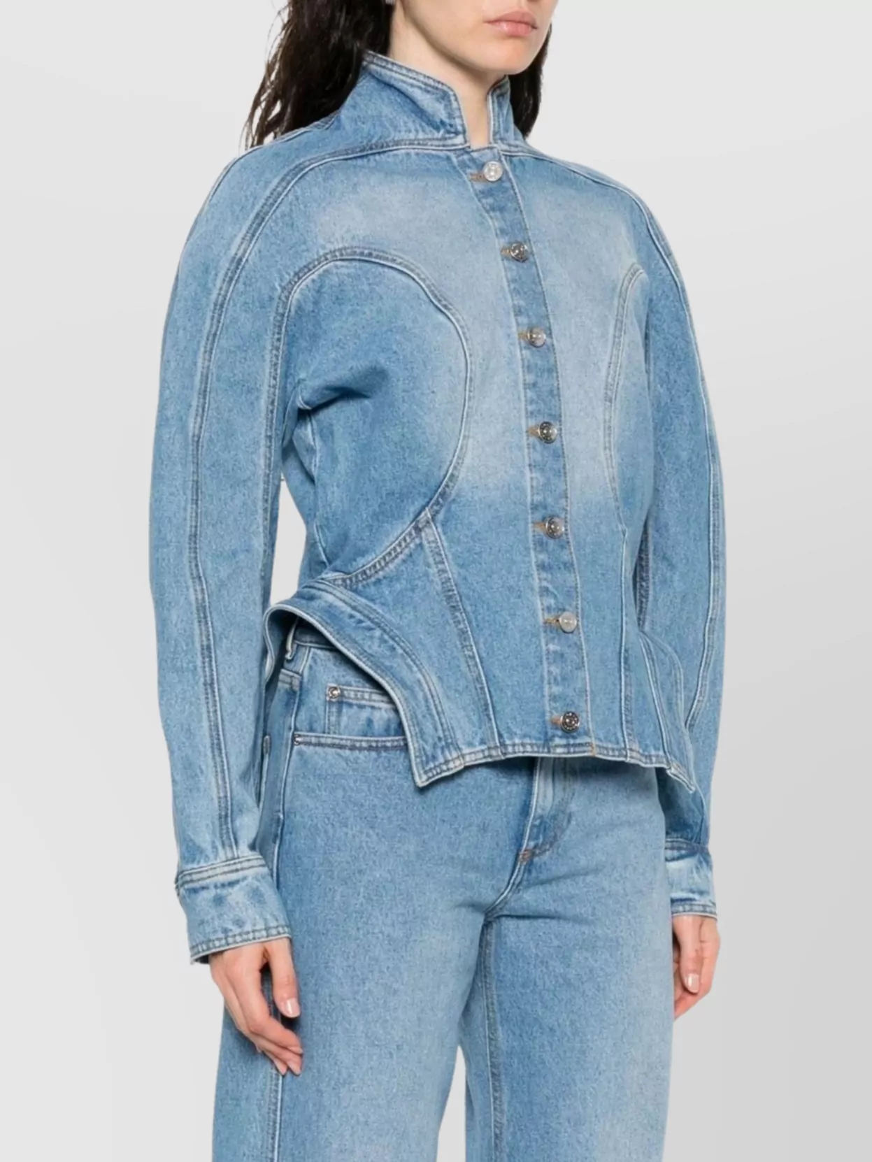Mugler Tailored Jacket With Cinched Waist And Structured Shoulders In Blue