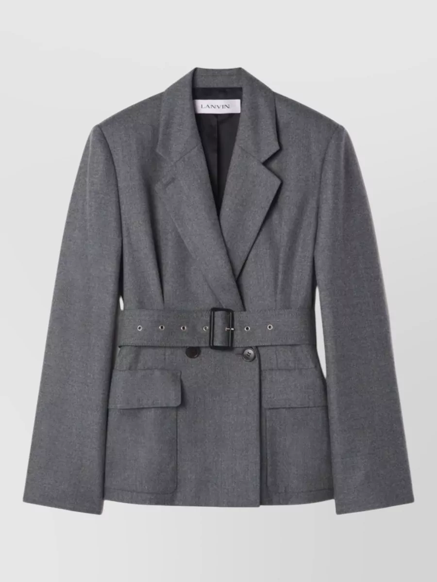 Lanvin Belted Double Breasted Jacket Flap Pockets In Gray