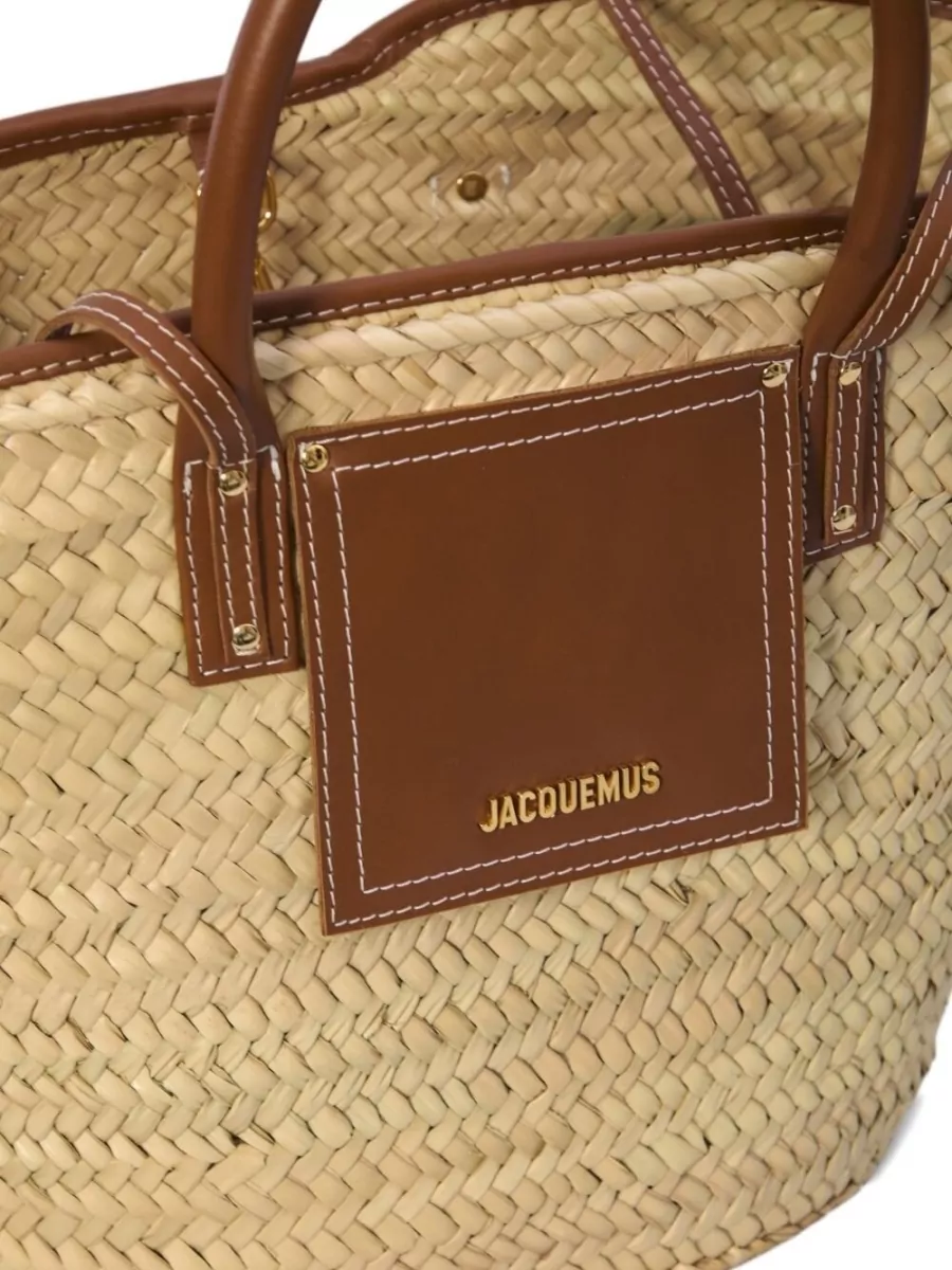 Jacquemus Soli Raffia Basket Tote Bag Leather