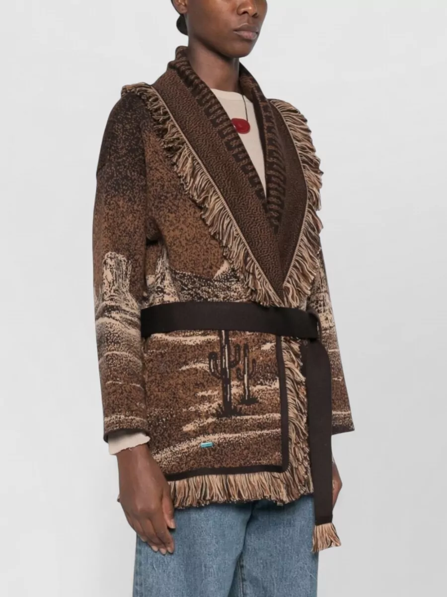 Alanui Virgin Wool Jacquard Fringe Belted Oversized Coat
