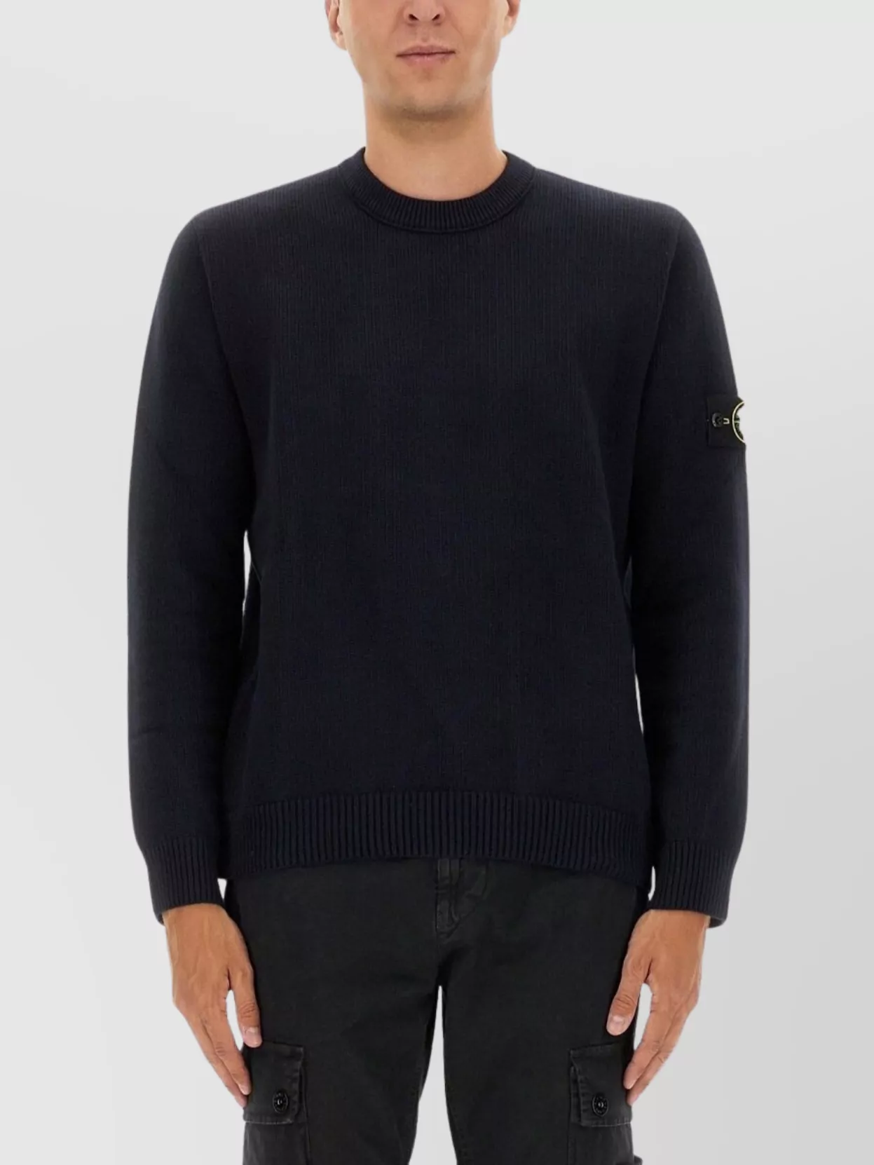Stone Island Ribbed Hem Long Sleeve Crew Neck Sweater In Black