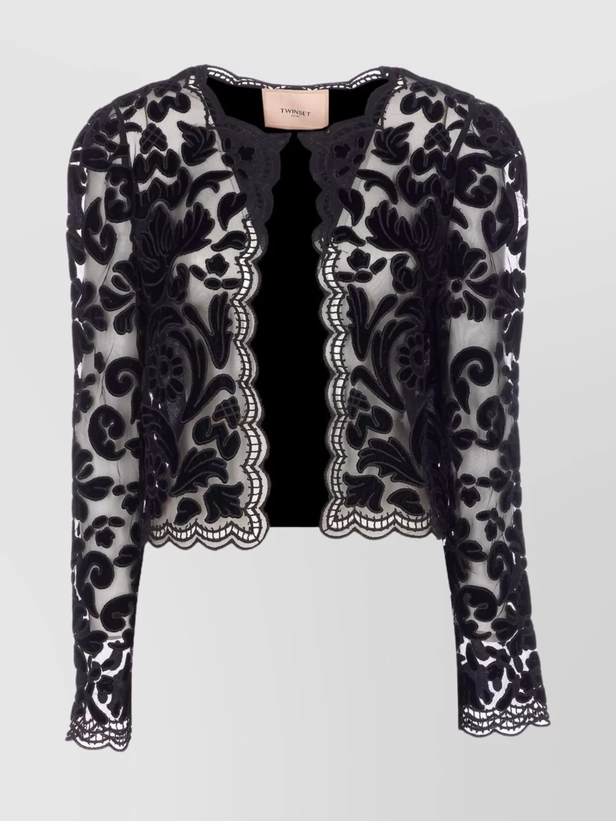 Twinset Floral Lace Velvet Jacket With Sheer Sleeves In Black