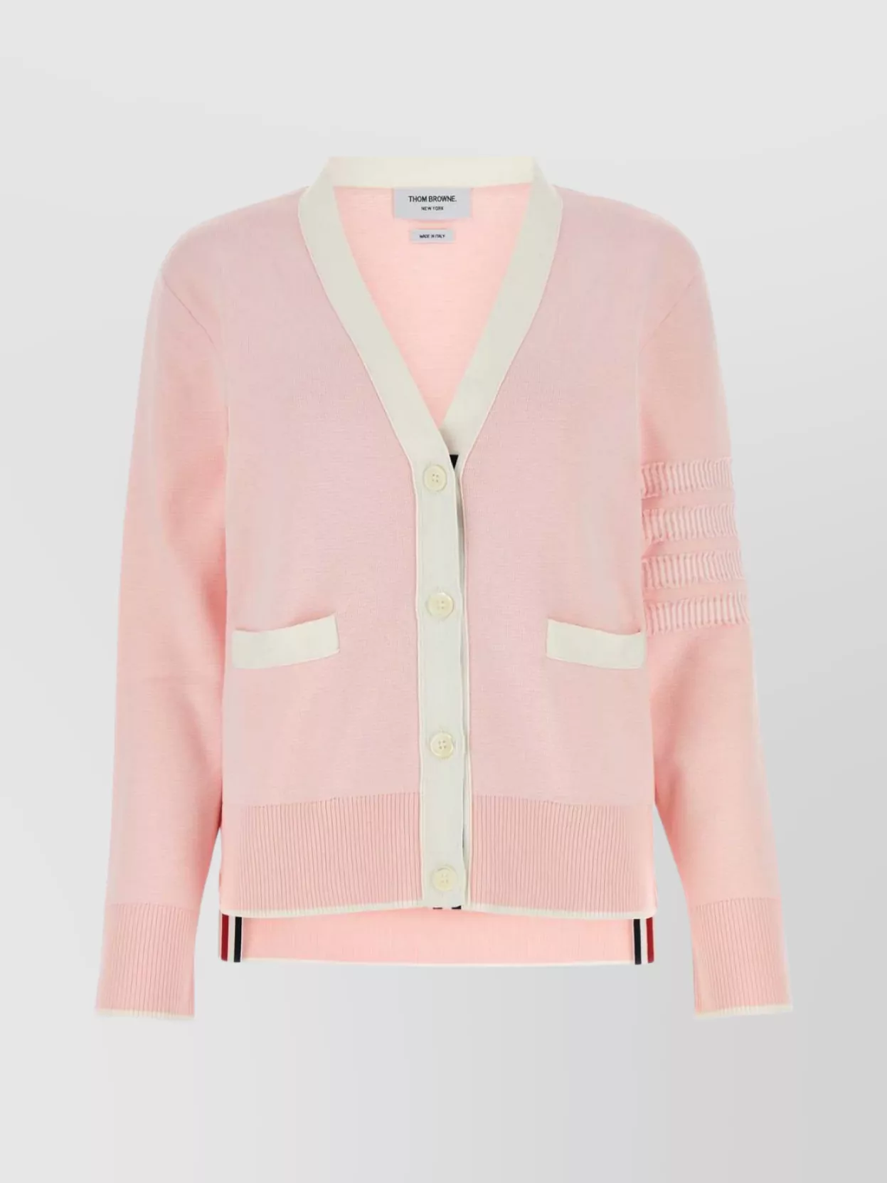 Thom Browne Cotton Cardigan With Contrast Trim And Ruffle Detailing In Lightpink