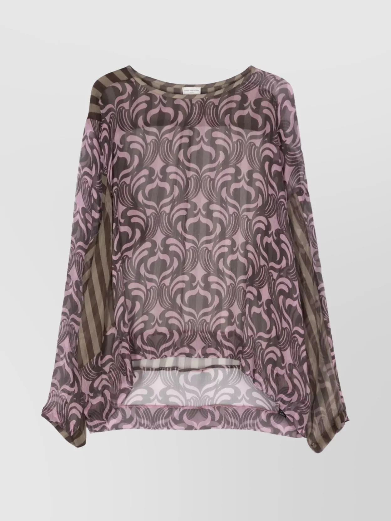 Dries Van Noten Asymmetric Hem Long Sleeve Patterned Top In Brown