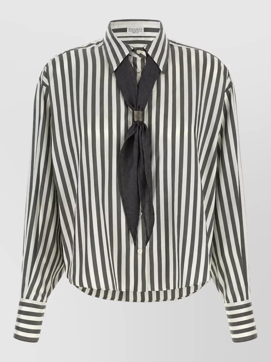 Brunello Cucinelli Silk striped long-sleeve shirt with removable scarf
