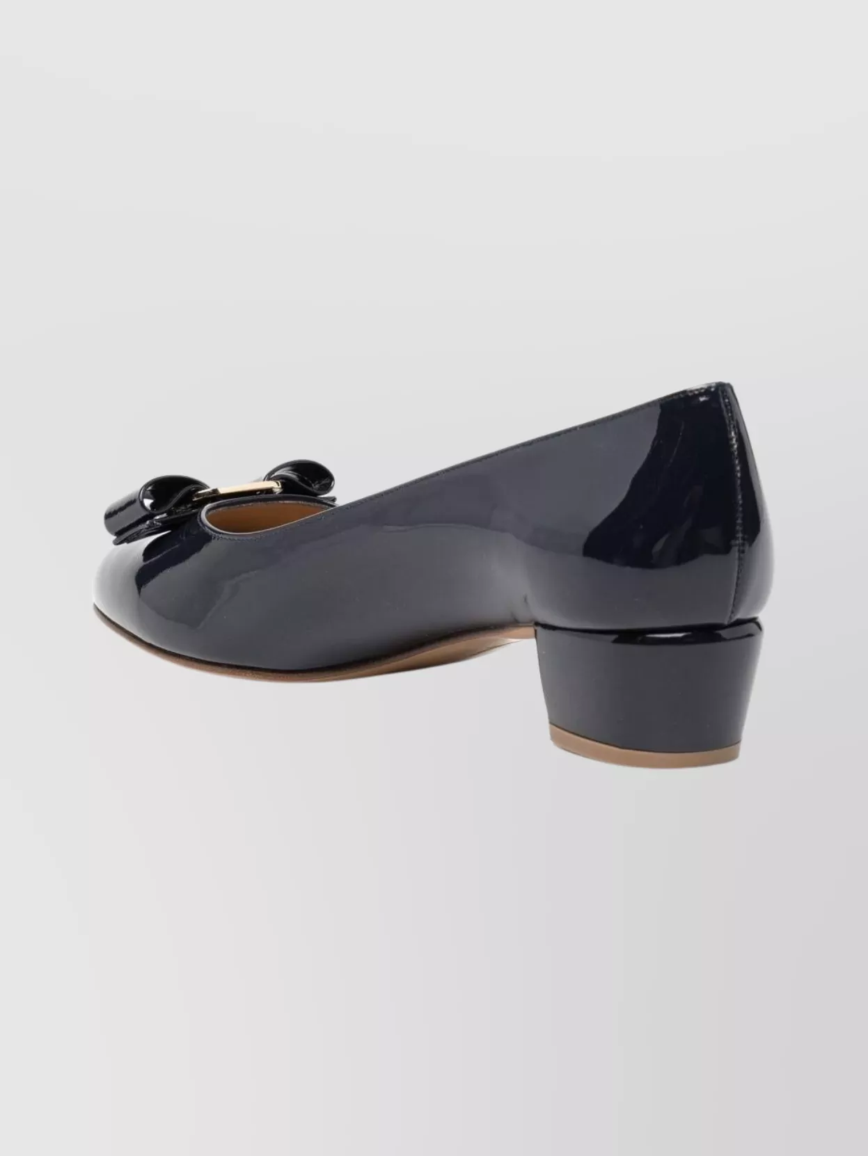 Ferragamo Round Toe Low Block Heel Patent Pumps