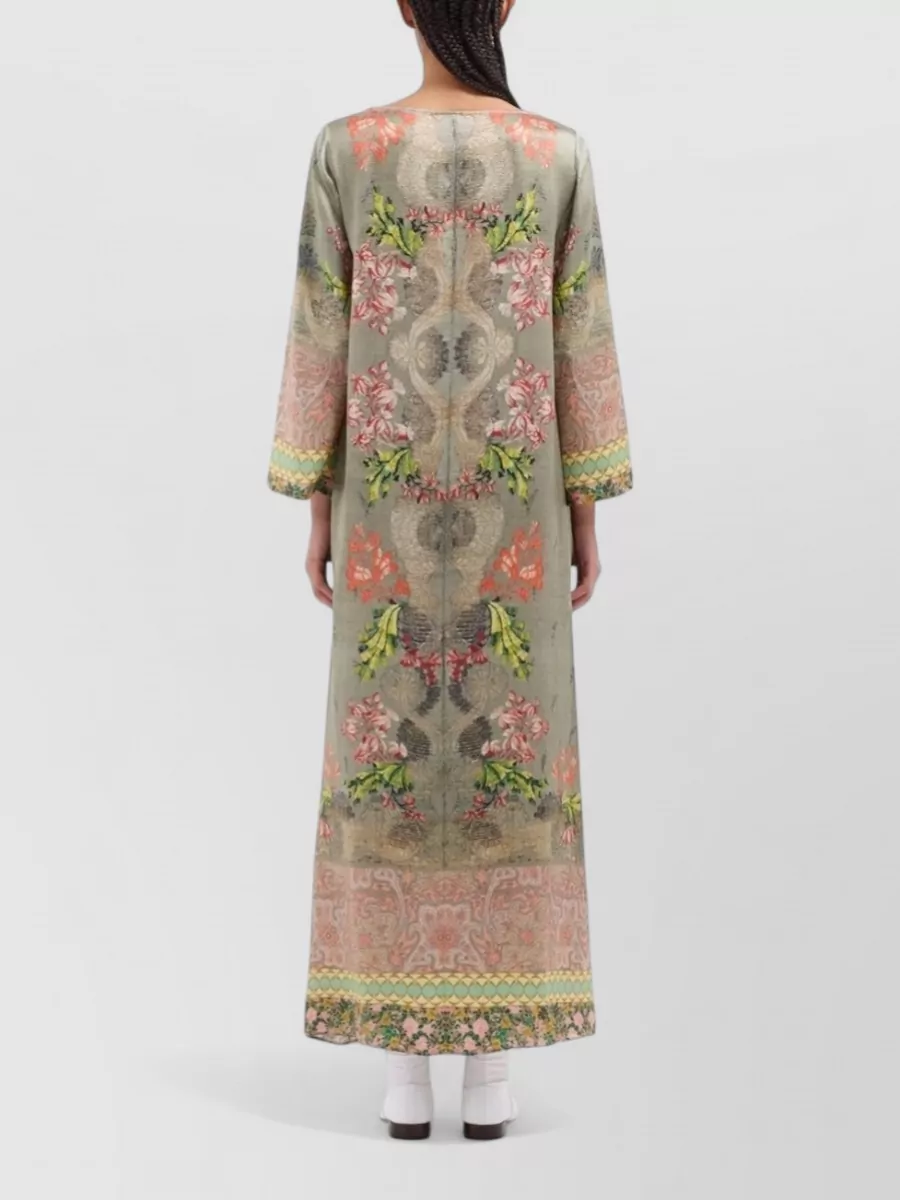 Pierre Louise Mascia Silk Floral Paisley Boat Neck Long-Sleeve Maxi Dress