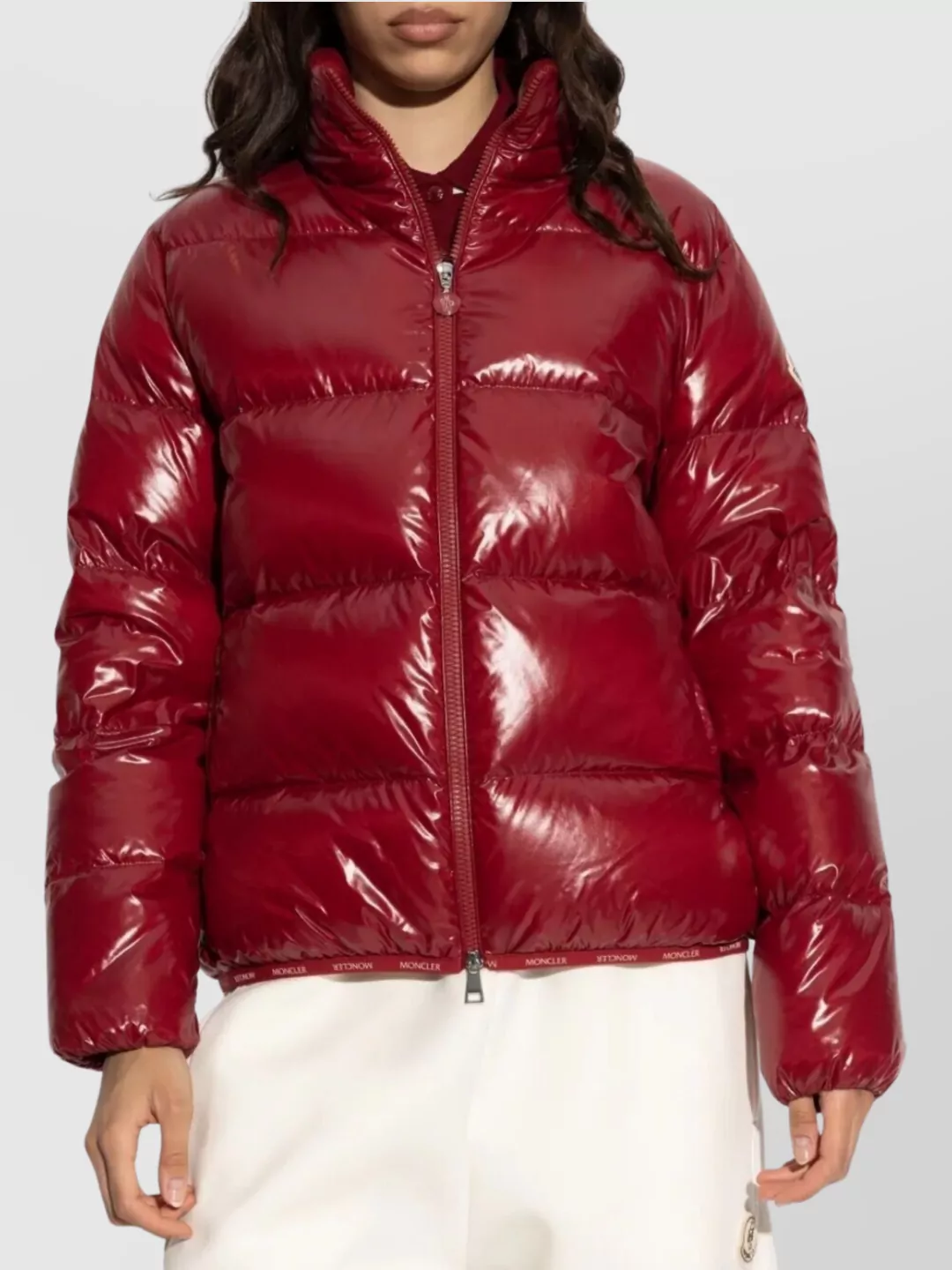 Moncler High Shine Quilted Jacket With Stand Collar In Red