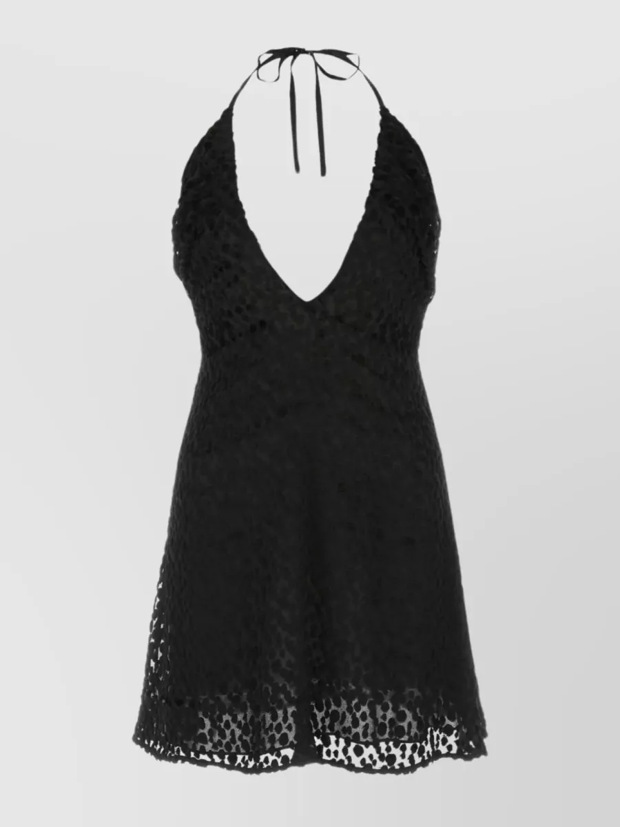 Shop Saint Laurent V-neck A-line Lace Mini Dress In Black
