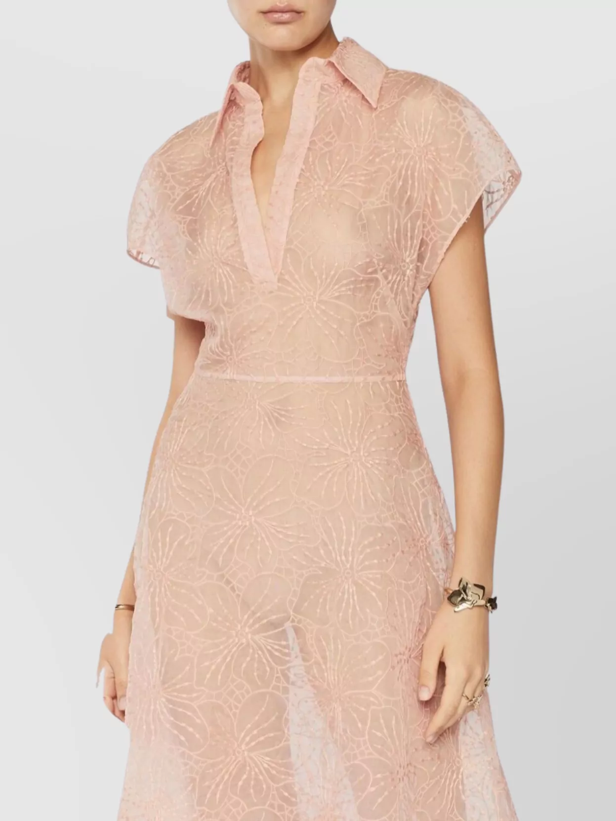 GENNY FLORAL BUTTON MIDI DRESS WITH SHEER V-NECK 