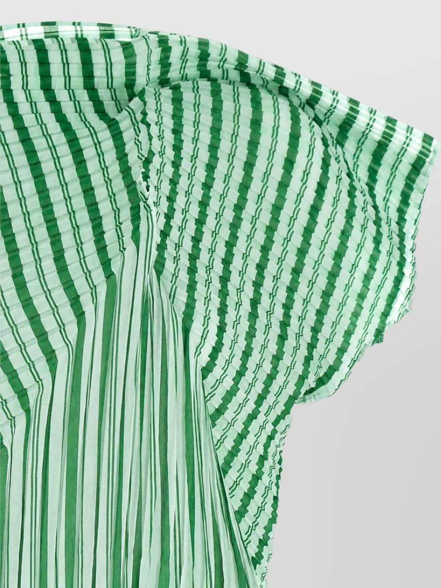 Issey Miyake Striped Pleated High Neck Short Sleeve Blouse