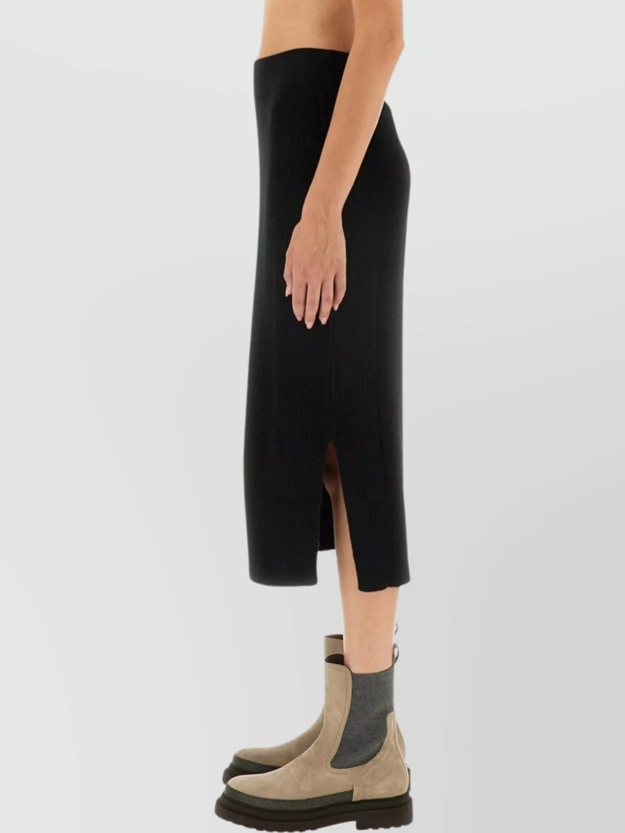 Brunello Cucinelli Ribbed Texture Elastic Waistband Midi Skirt Side Slit