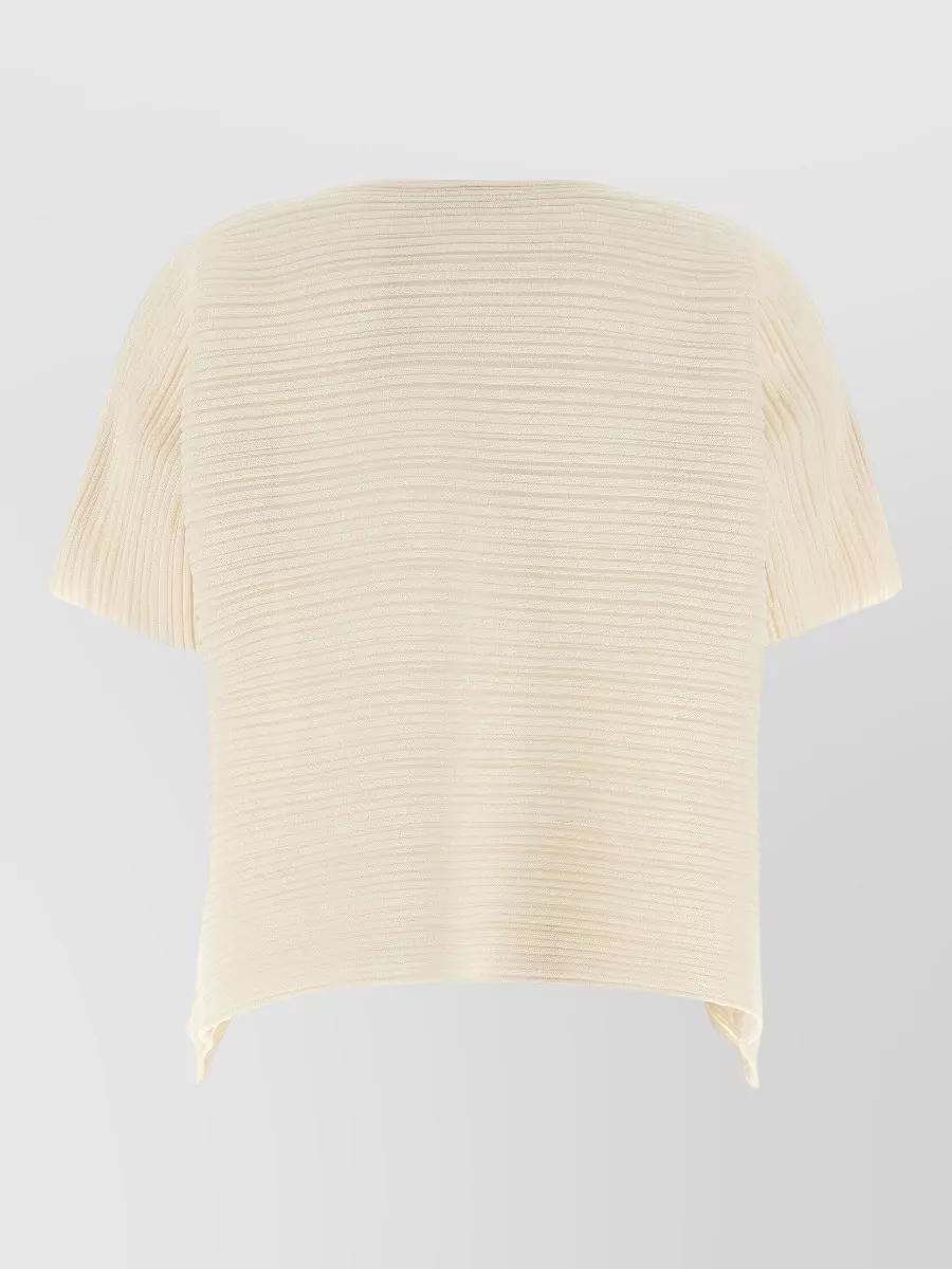 Pleats Please Issey Miyake Ribbed Boat Neck Short Sleeve Asymmetric Hem Knitted Top