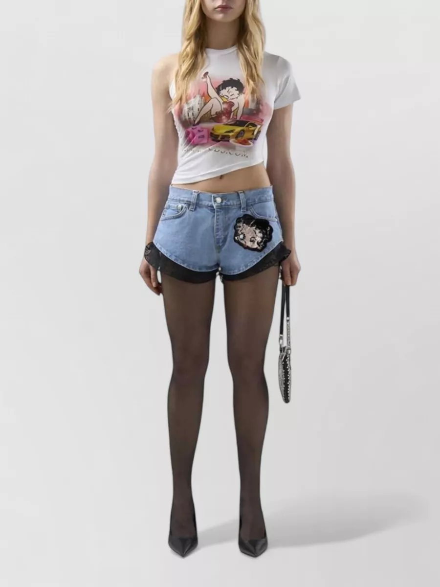 Gcds High-Rise Lace-Trim Denim Mini Shorts