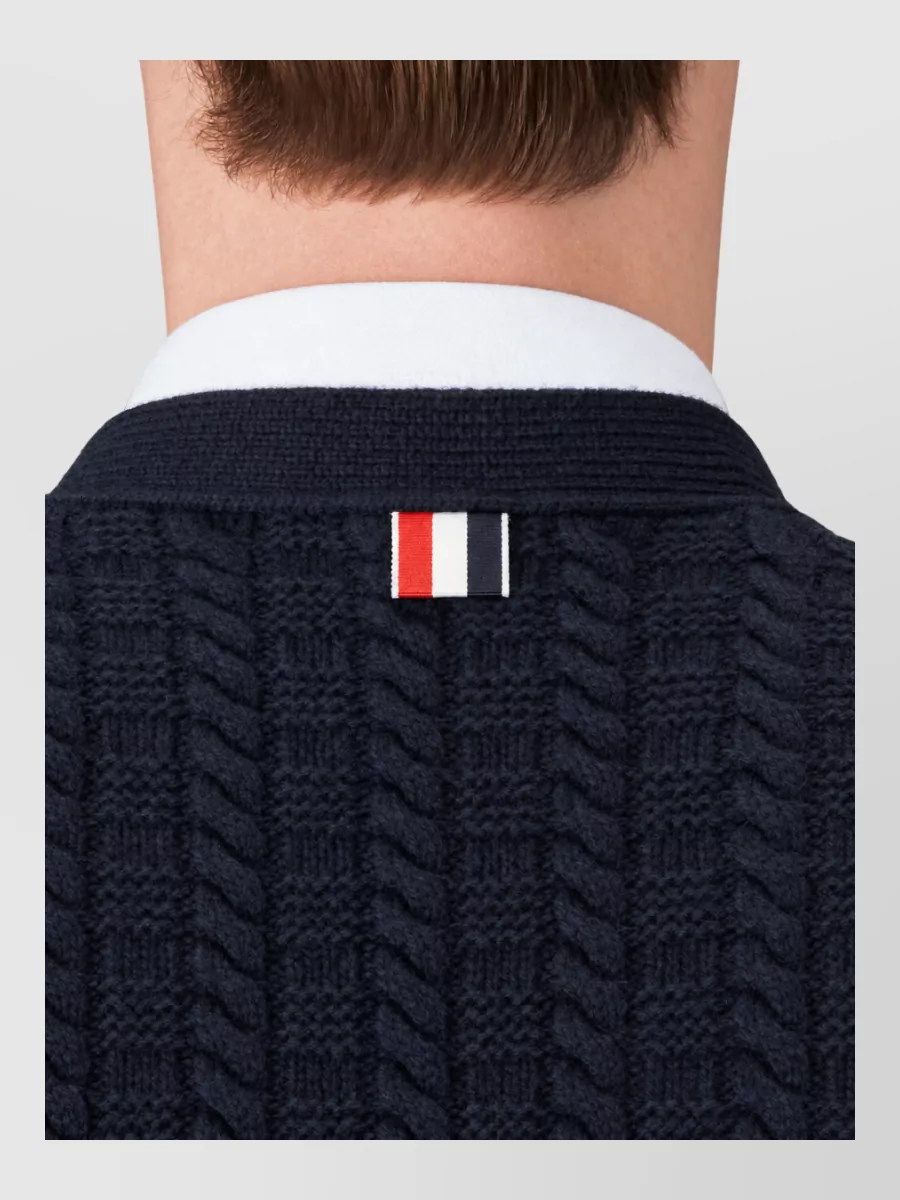 Thom Browne Wool Relaxed-Fit Cable-Knit V-Neck Cardigan
