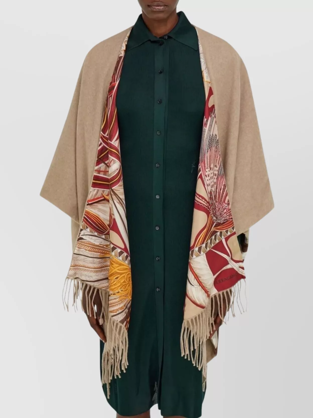 Ferragamo Cashmere And Giada Print Silk Reversible Cape