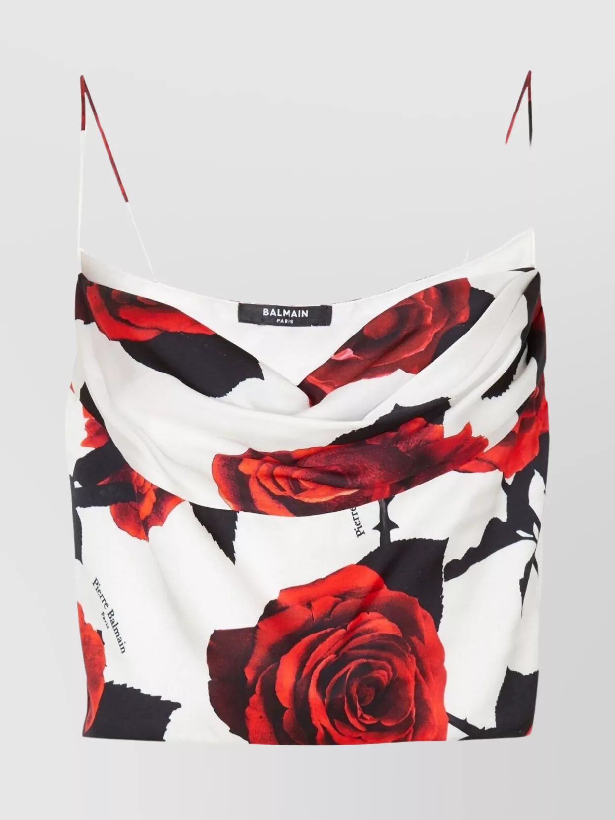 Shop Balmain Sleeves Draped Rose Print Satin Top