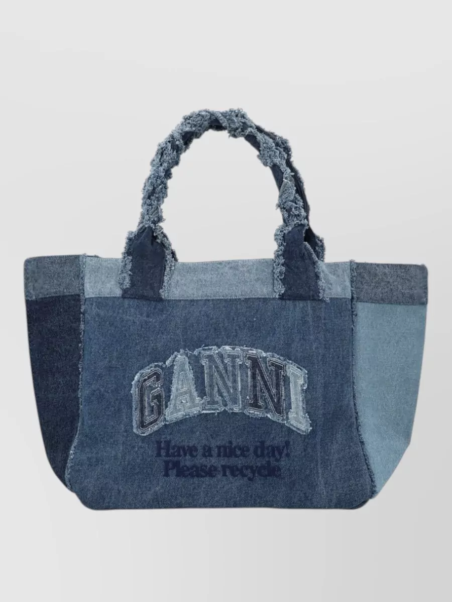 Ganni denim patchwork tote bag
