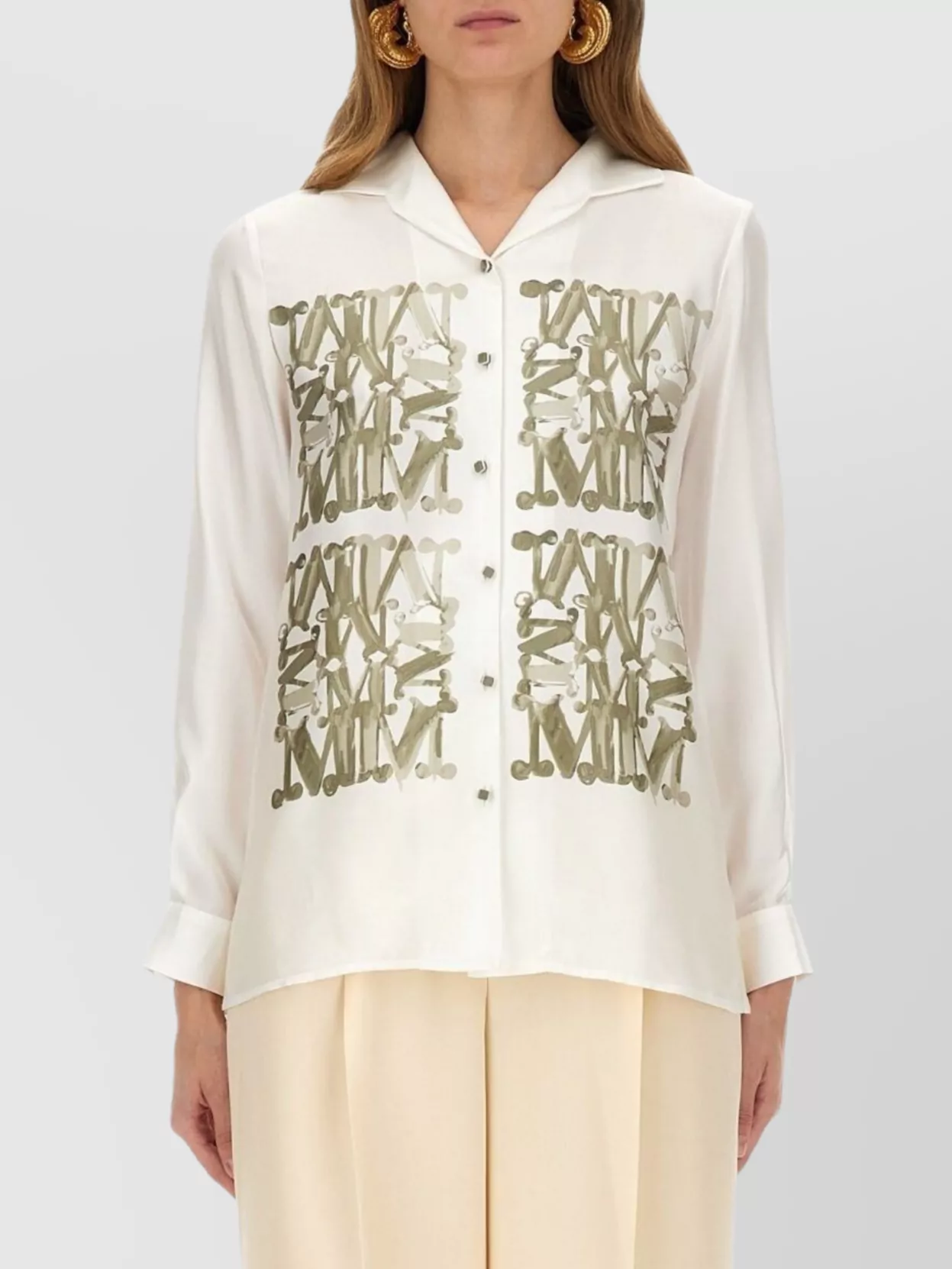 Max Mara Graphic Print Long Sleeve Collared Shirt In Neutral