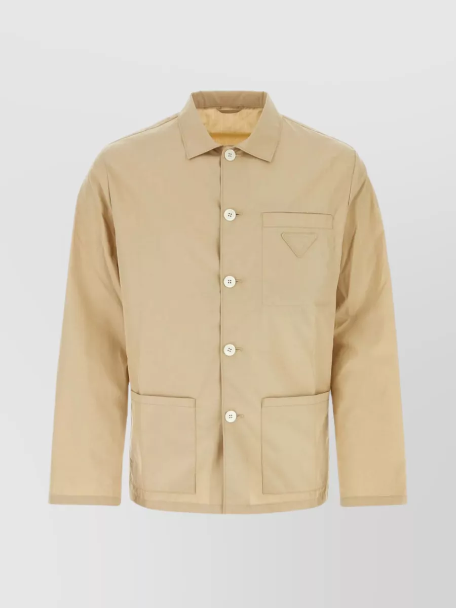 Shop Prada Cotton Shirt With Short-pointed Collar And Three Pockets In Beige