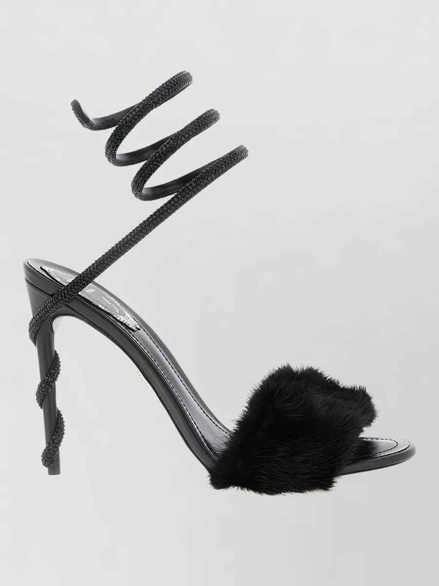 Rene Caovilla Leather Crystal Embellished Fur Strap Sandals