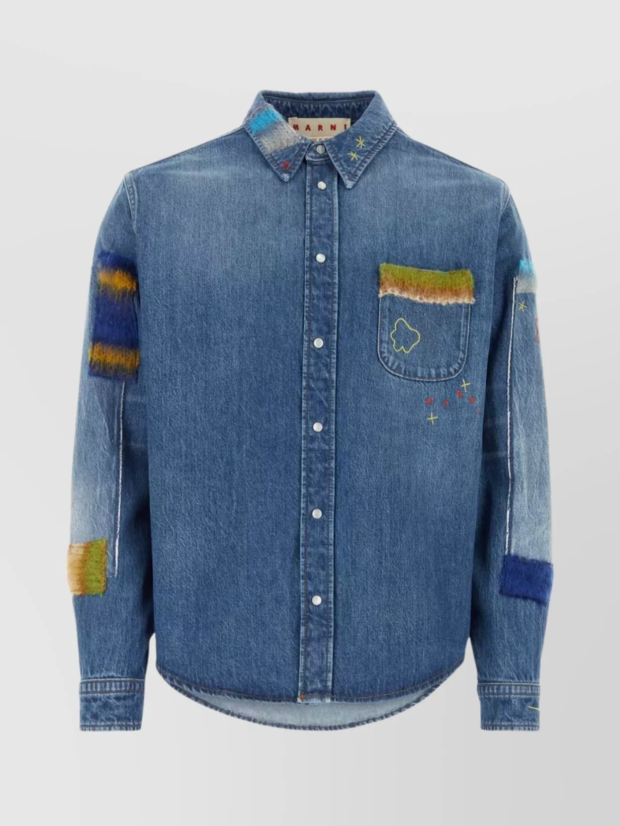 Shop Marni Denim Shirt With Chest Pocket And Patchwork