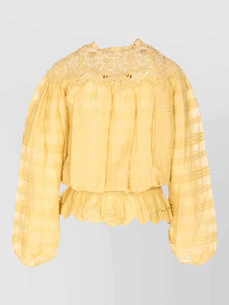 Isabel Marant Etoile Embroidered Blouse Elasticated Waist Ruffled Hem Tassels