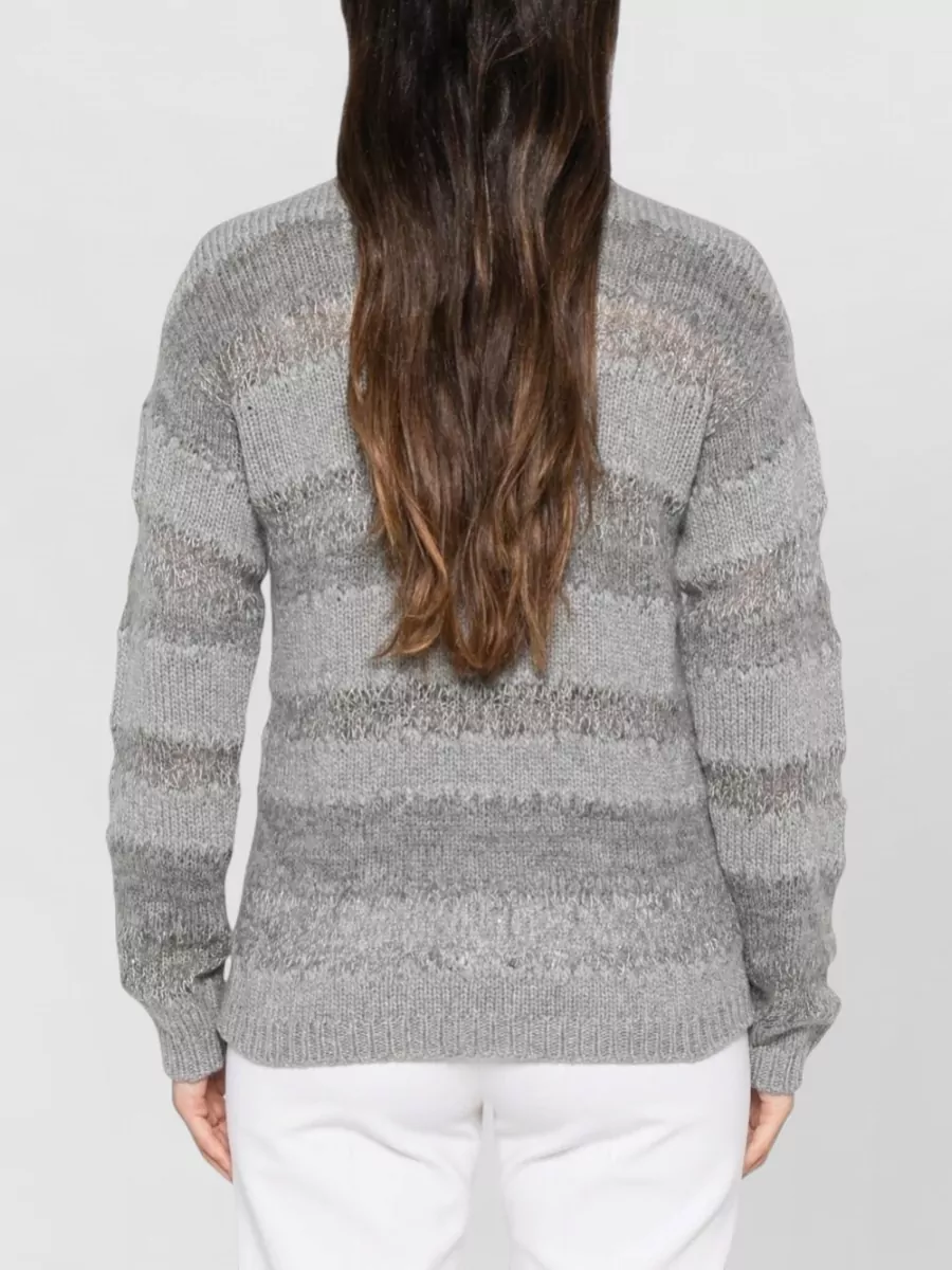 Fabiana Filippi Wool Silk Cashmere Open-Knit Striped Crew-Neck Sweater
