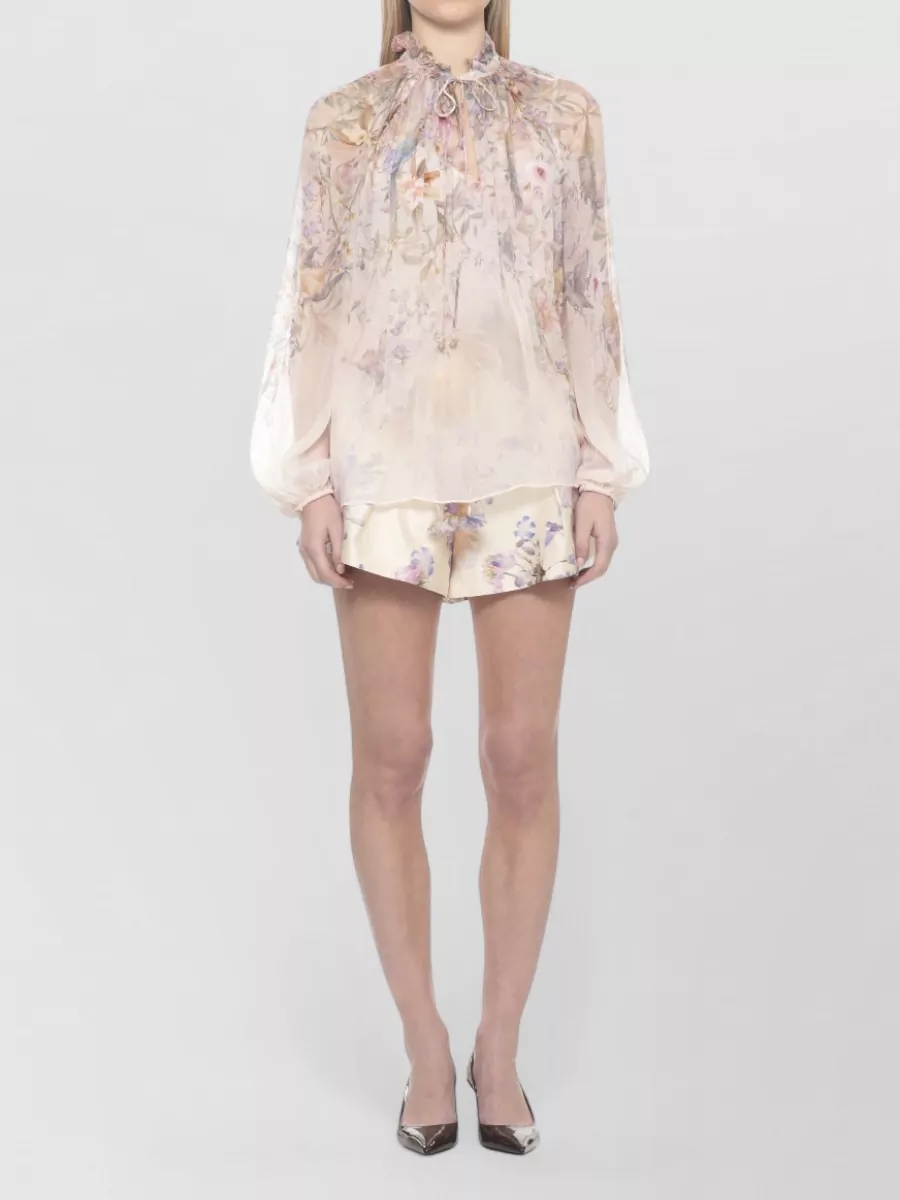 Zimmermann Printed Viscose Ruffled V-Neck Long-Sleeve Blouse