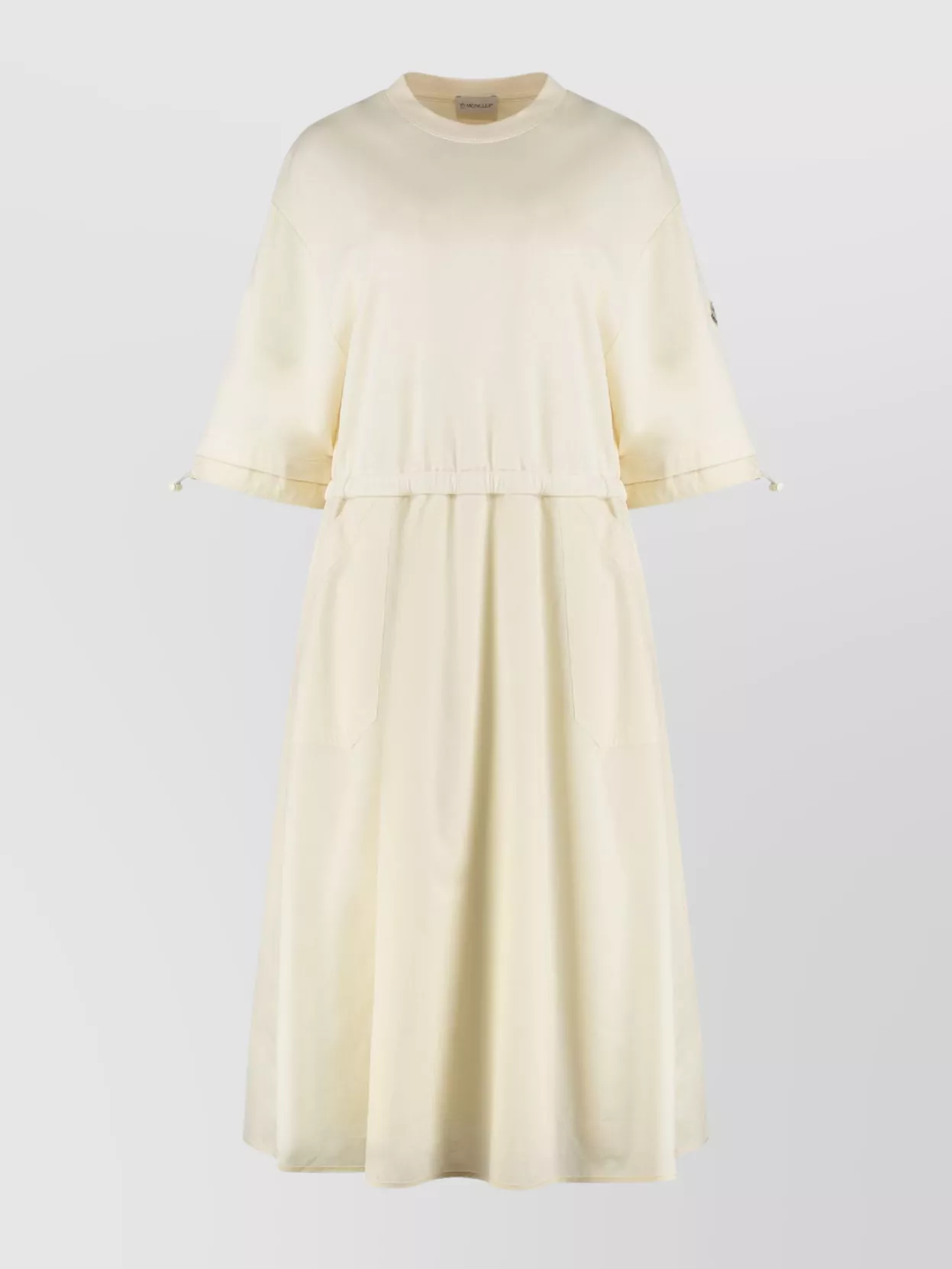 Moncler Midi Cotton Dress Featuring Drawstring Waist In Neutral